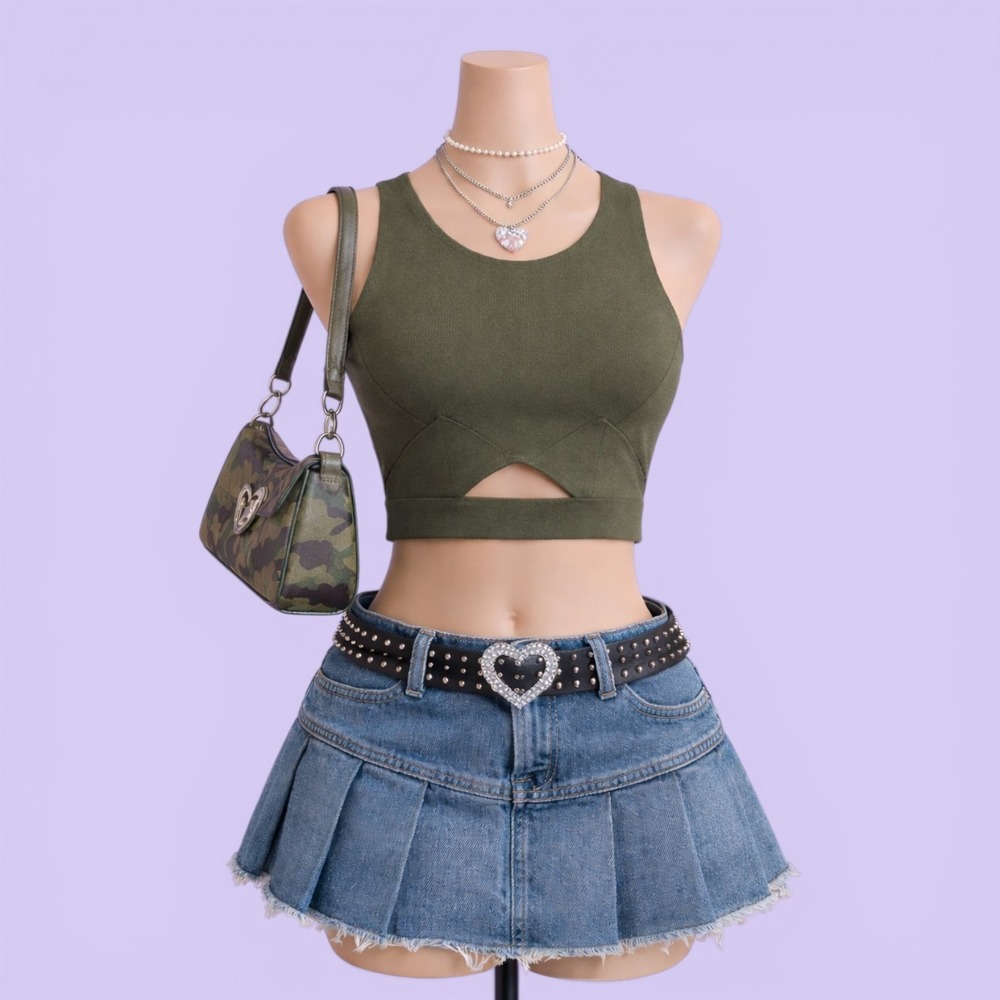 Forever 21 Olive Green Zip Back Crop Top Y2K Grunge Indie Size S Summer Festival